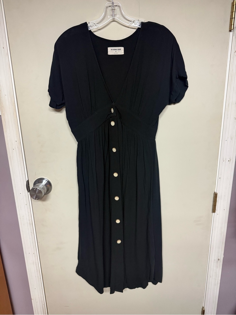 The Normal Brand Black Button-Front V-Neck Midi Dress